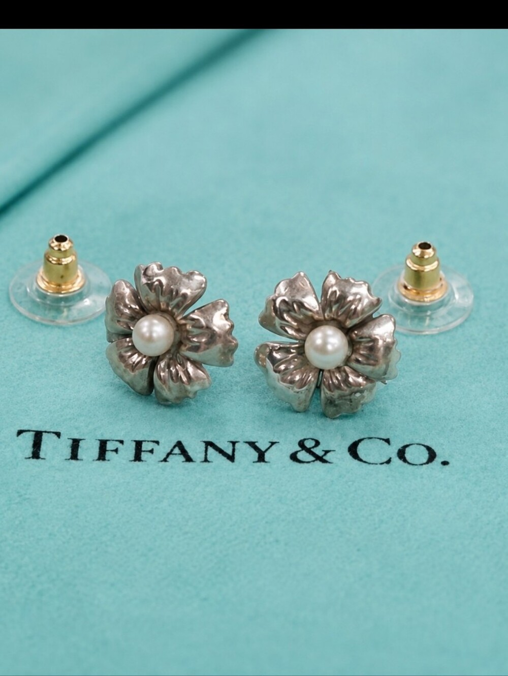 Tiffany Silver Flower Pearl Stud Earrings